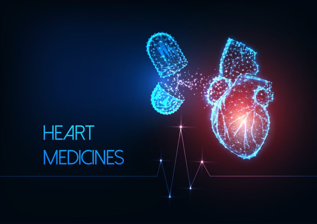 Futuristic glowing low polygonal human heart and capsule pills medications on dark blue background. Futuristic glowing low polygonal human heart and capsule pills medications on dark blue background. Heart attack medicines concept. Modern wire frame design vector illustration.